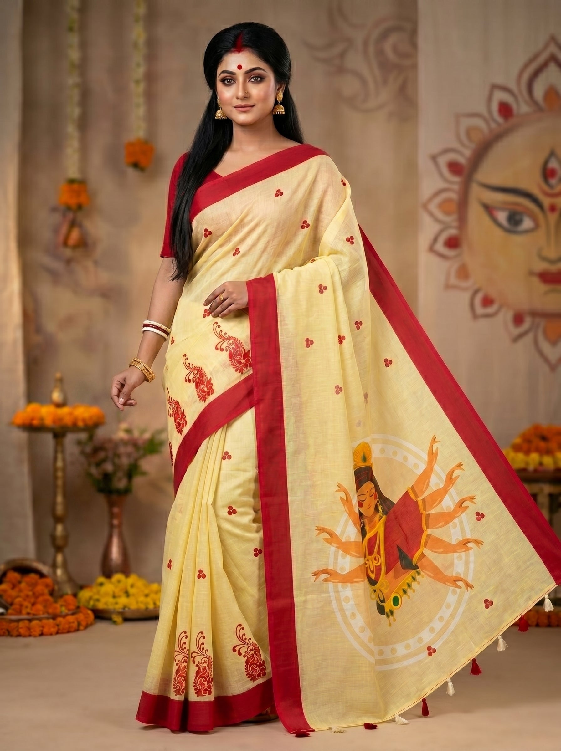 Gowrika Linen Cotton Saree – Light Yellow Red Maa Durga Divine Digital Print