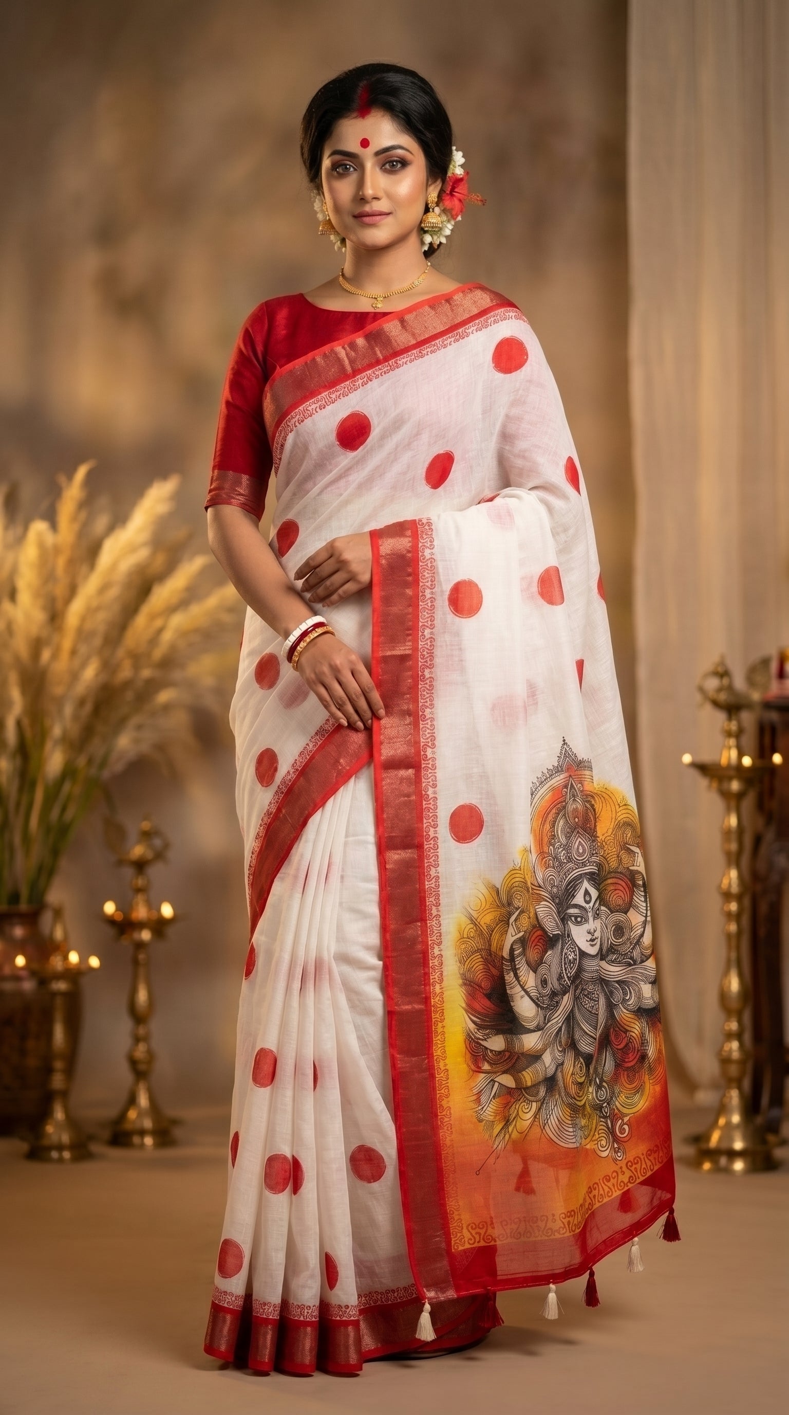 Gowrika Linen Cotton Saree – White Red Maa Durga Divine Digital Print