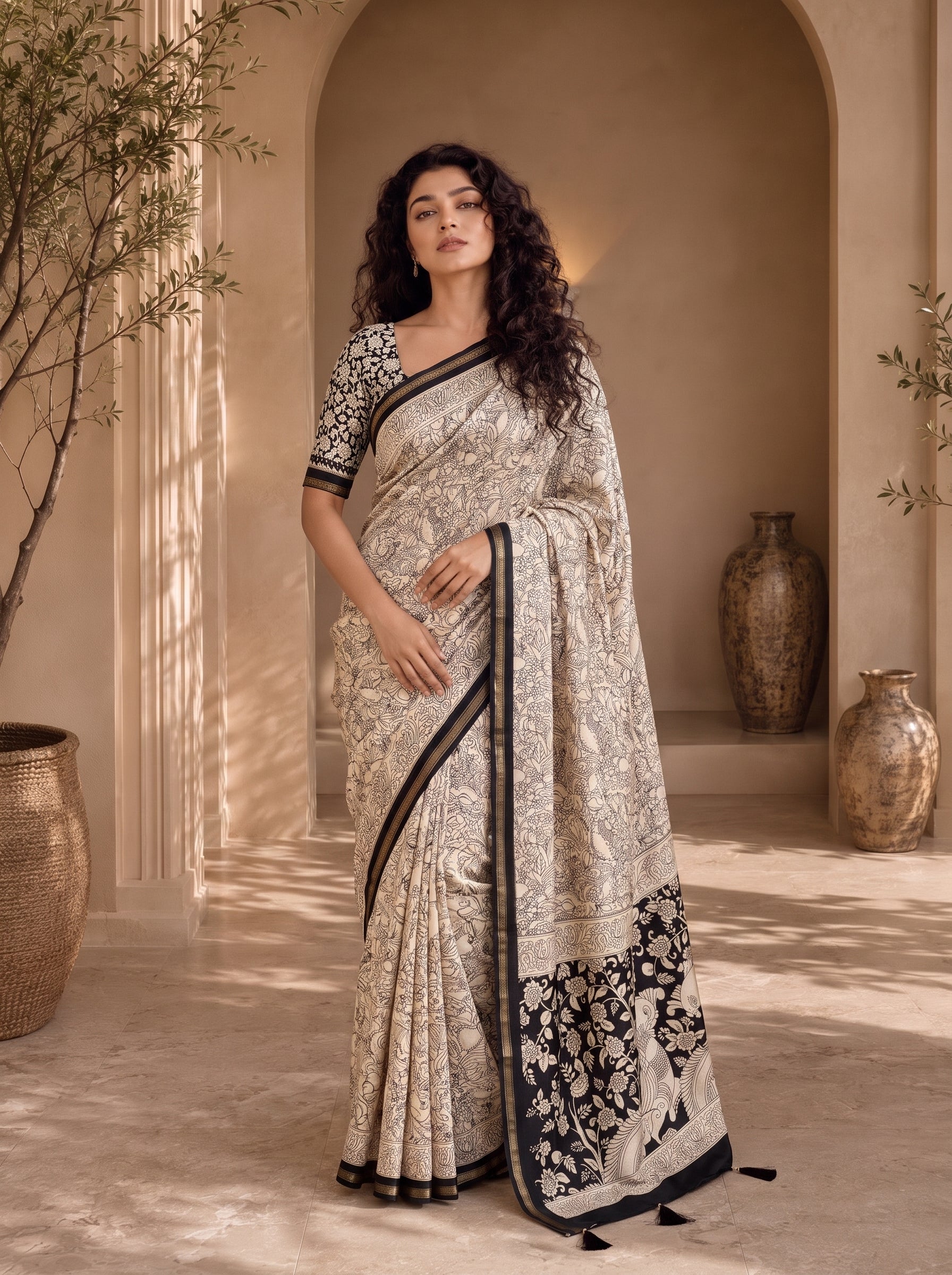Kalava Art Silk Saree – Cream Black Bird Pen Kalamkari Digital Print