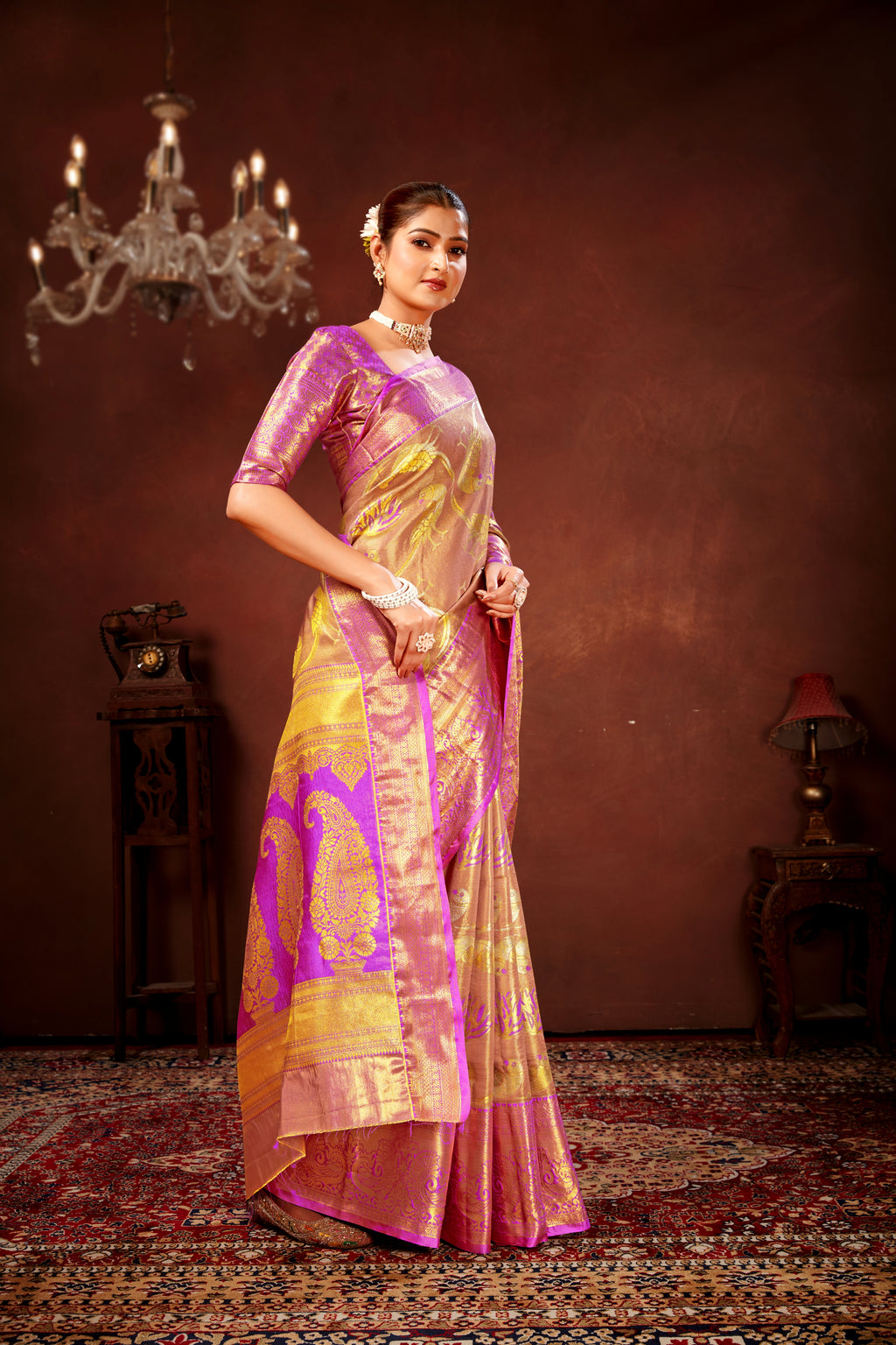 Lavender Pure Dharamavaram Silk Saree with Meenakari Zari Weave & Contrast Rich Pallu