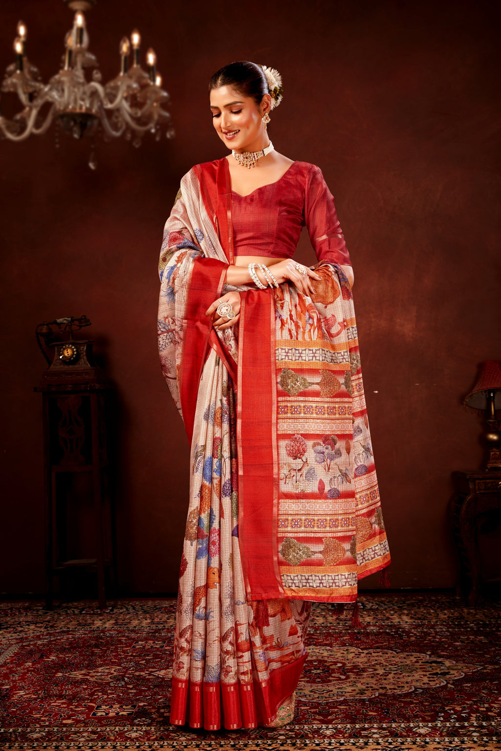 Cream Soft Kota Doriya Saree with Satin Border & Kalamkari Digital Prints