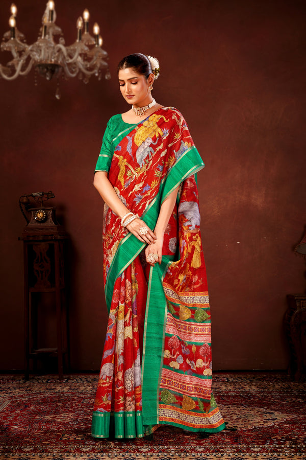 Red Soft Kota Doriya Saree with Satin Border & Kalamkari Digital Prints
