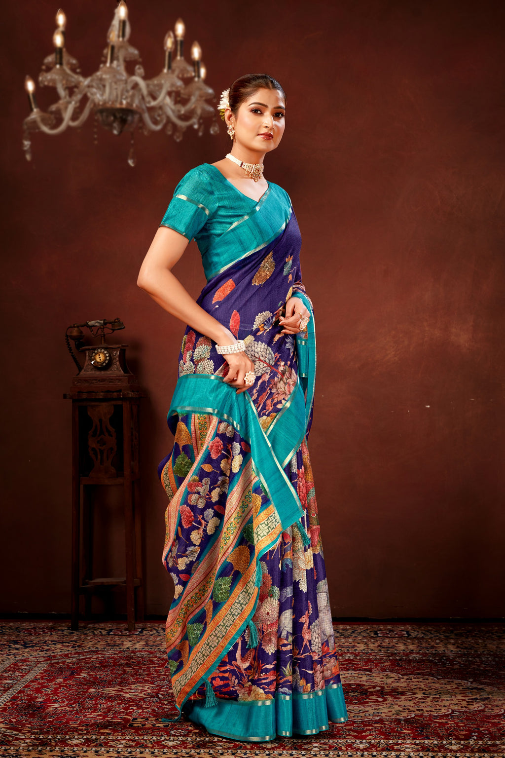 Navy Blue Soft Kota Doriya Saree with Satin Border & Kalamkari Digital Prints