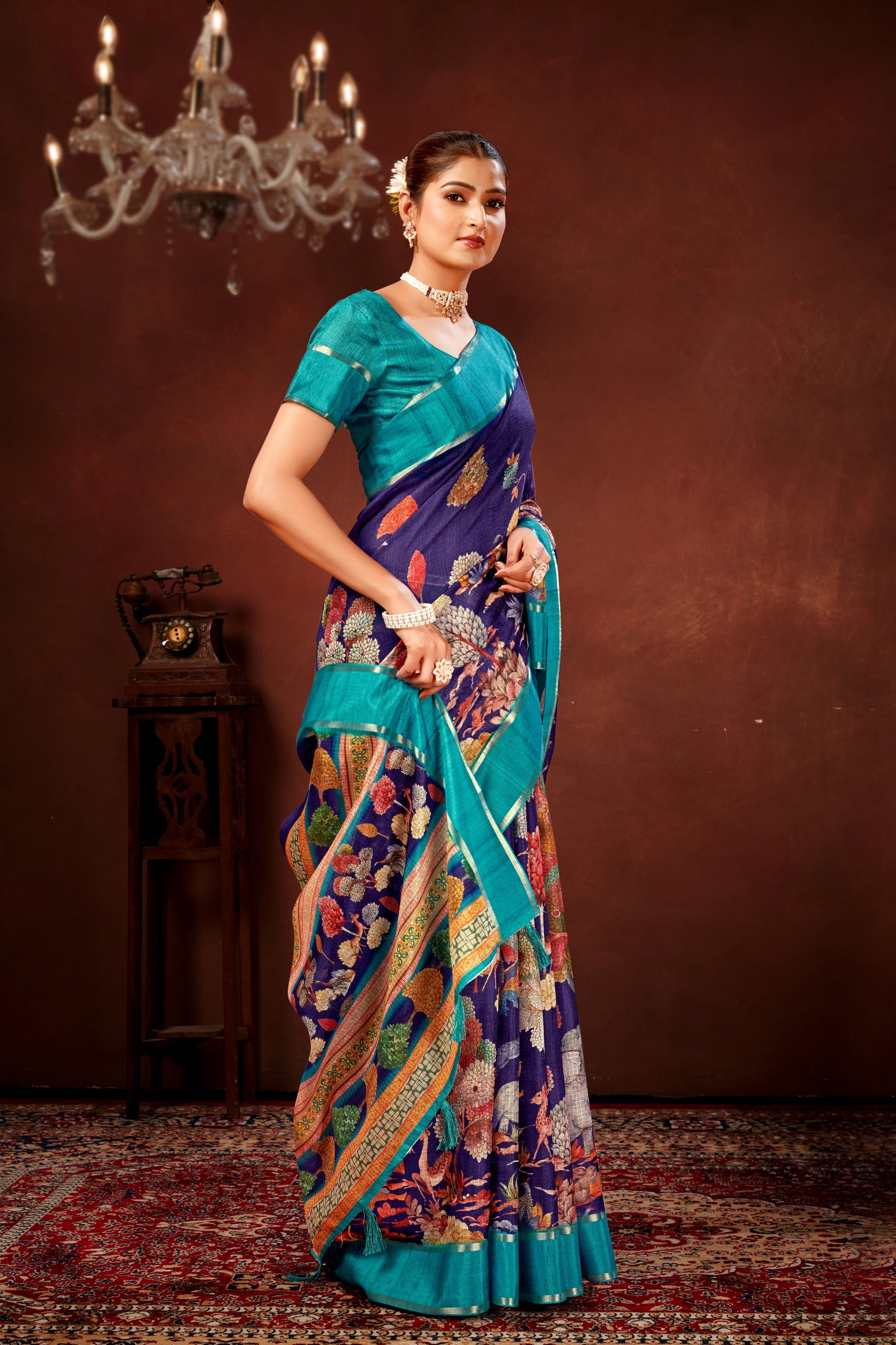 Navy Blue Soft Kota Doriya Saree with Satin Border & Kalamkari Digital Prints