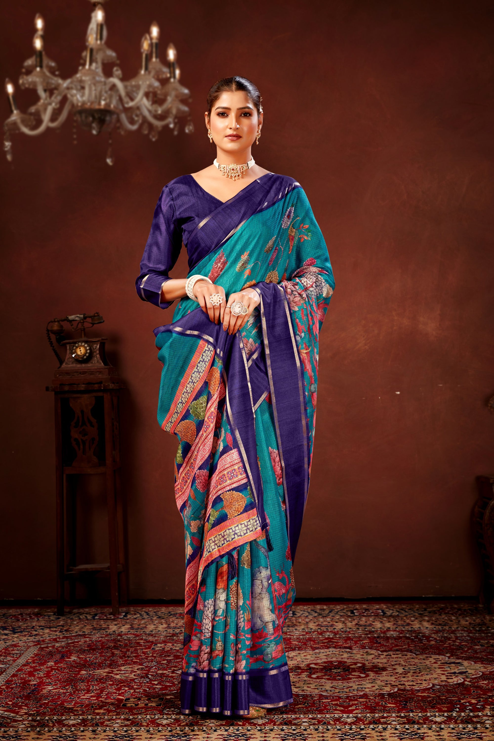 Teal Blue Soft Kota Doriya Saree with Satin Border & Kalamkari Digital Prints