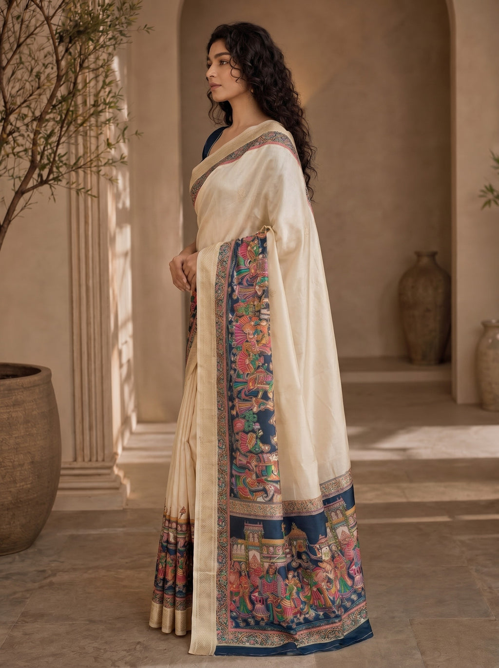 Varnesha Tussar Silk Saree – Ivory Heritage Digital Print