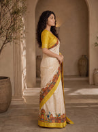 Varnesha Tussar Silk Saree – Cream Yellow Heritage Digital Print