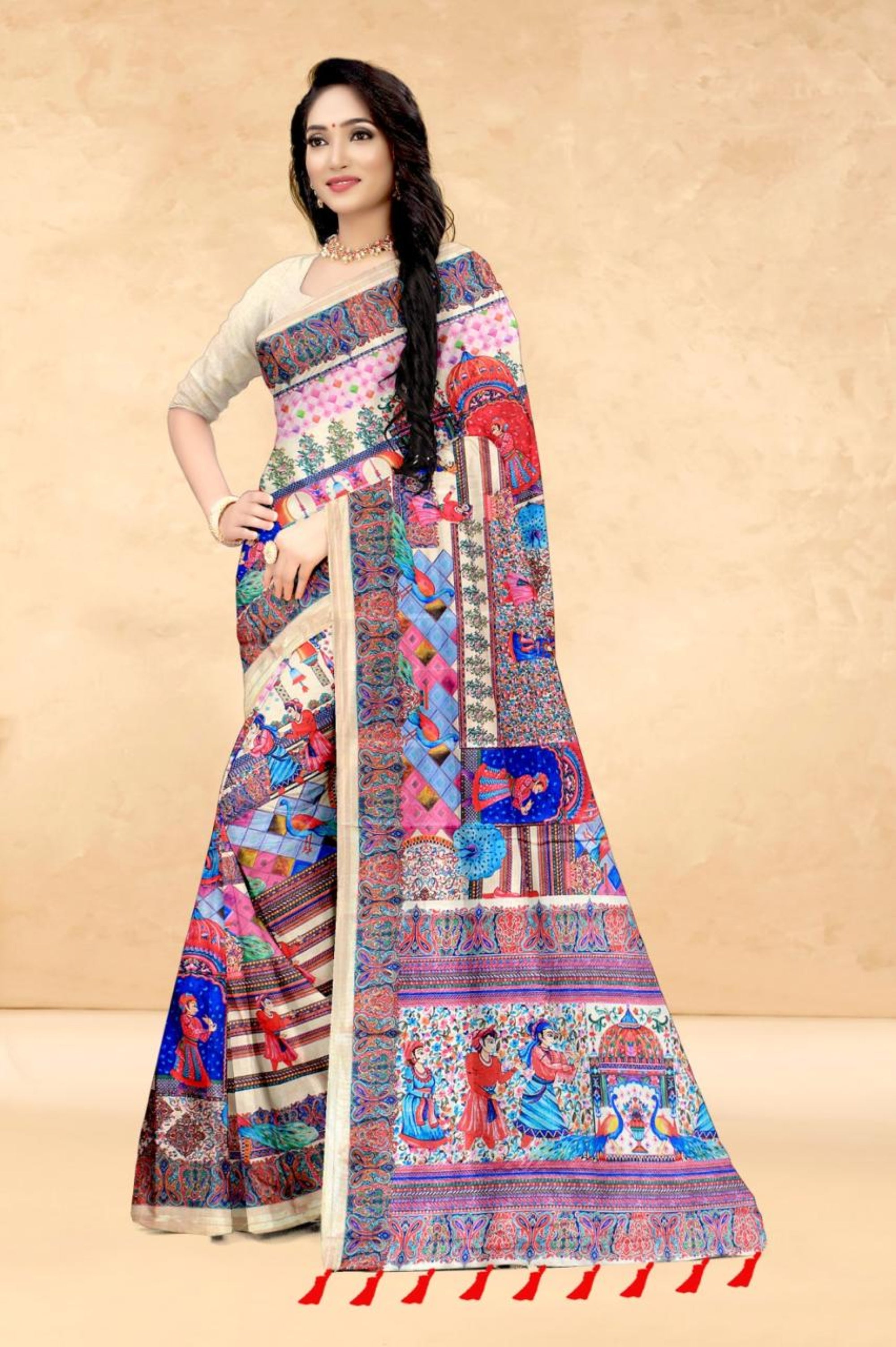 Cream Soft Tussar Silk Saree with Postion Pashmina Digital Prints
