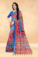 Blue Soft Tussar Silk Saree with Position Pashmina Digital Prints