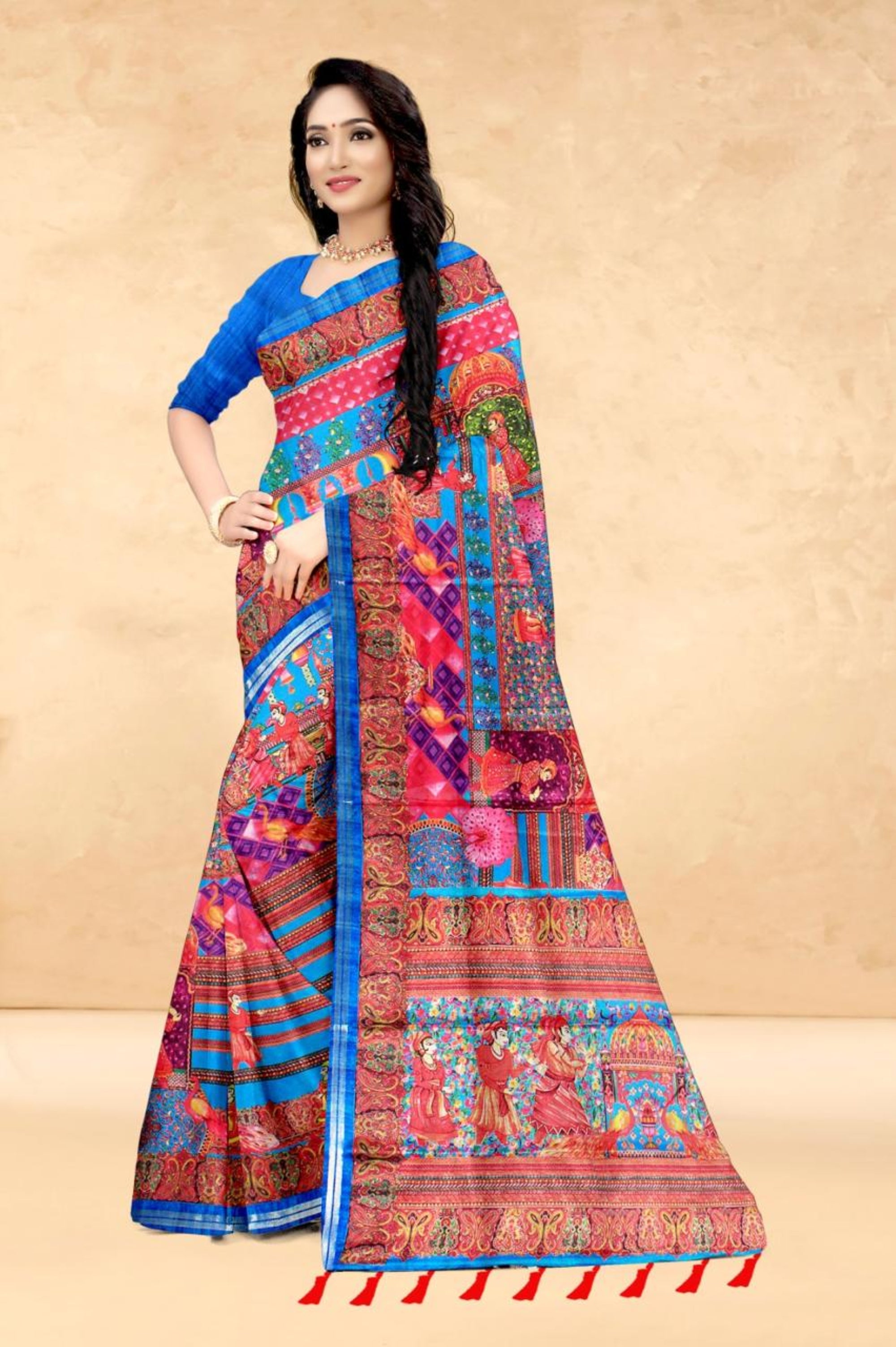 Blue Soft Tussar Silk Saree with Position Pashmina Digital Prints