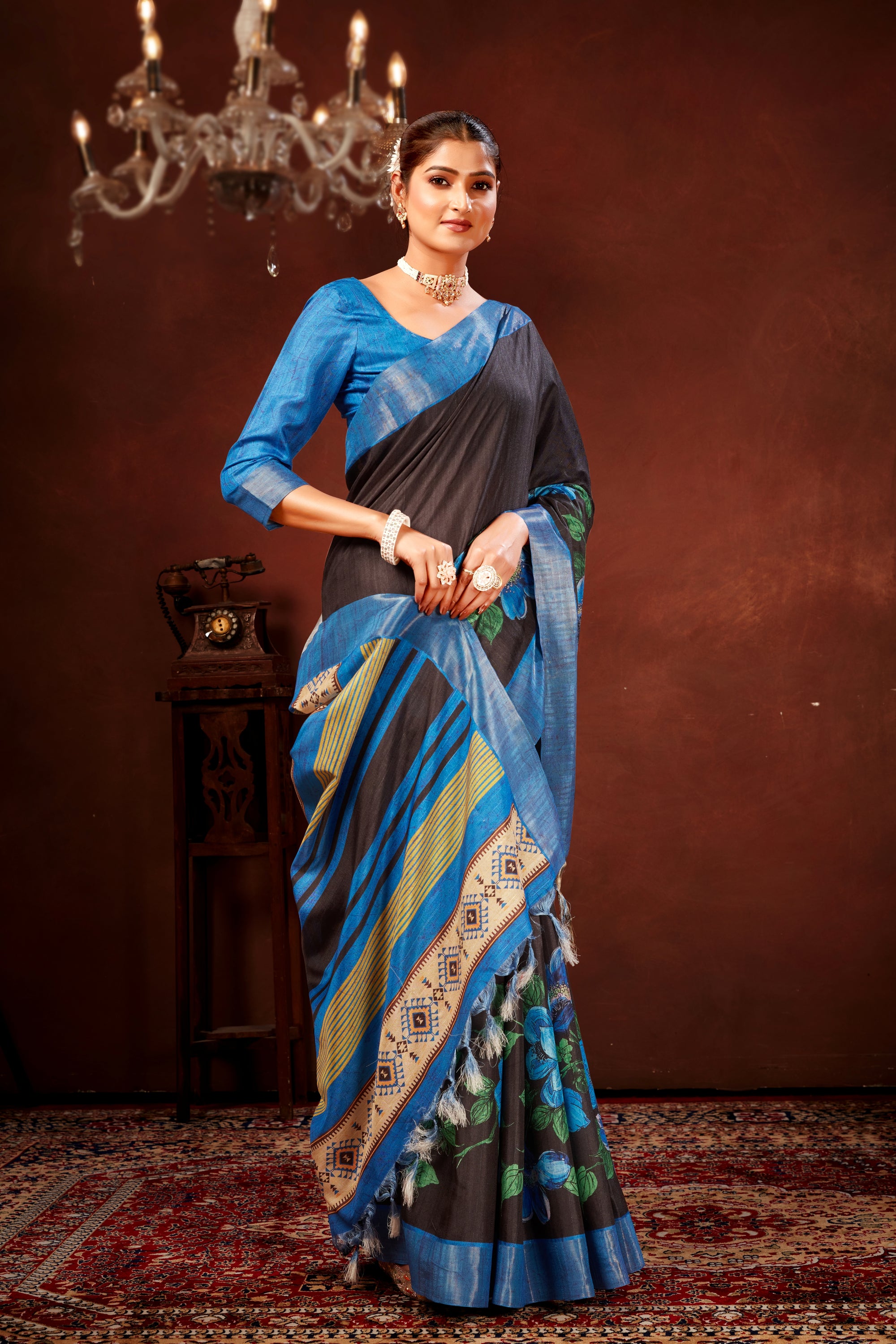 Blue Soft Tussar Silk Saree with Floral Digital Prints