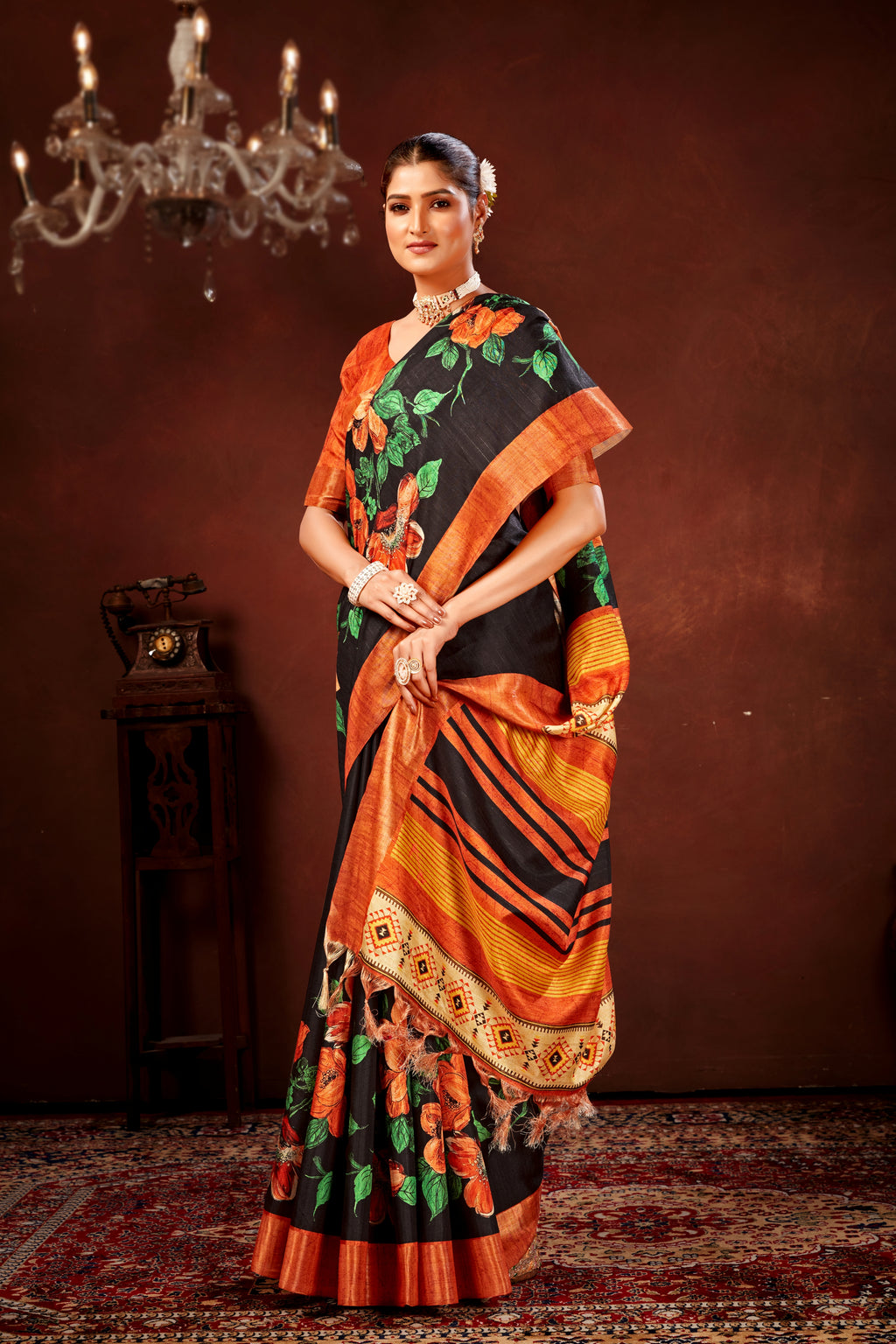 Orange Soft Tussar Silk Saree with Floral Digital Prints