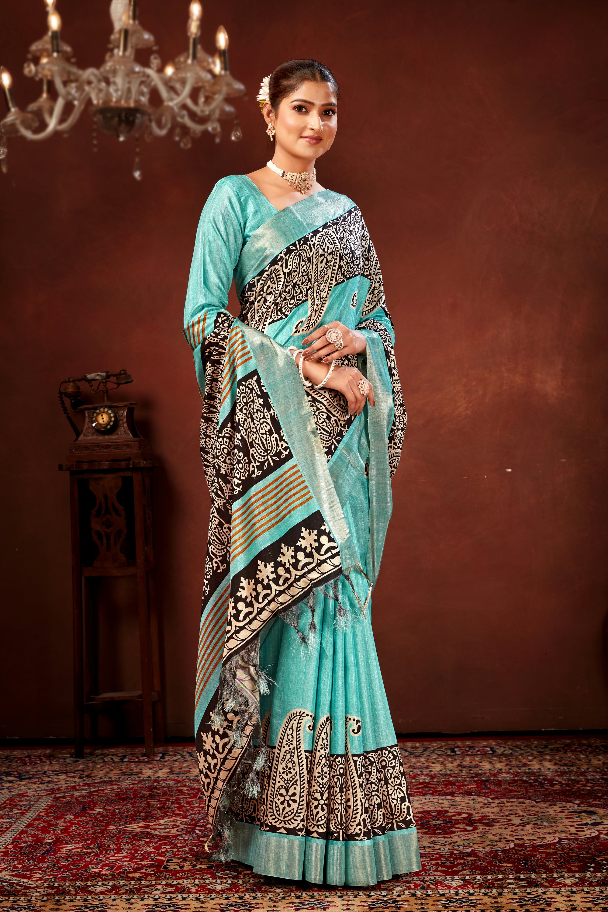 Sky Blue Soft Tussar Silk Saree with Zari Border & Traditional Digital Prints