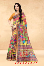 Mustard Soft Tussar Silk Saree with Position Pashmina Digital Prints