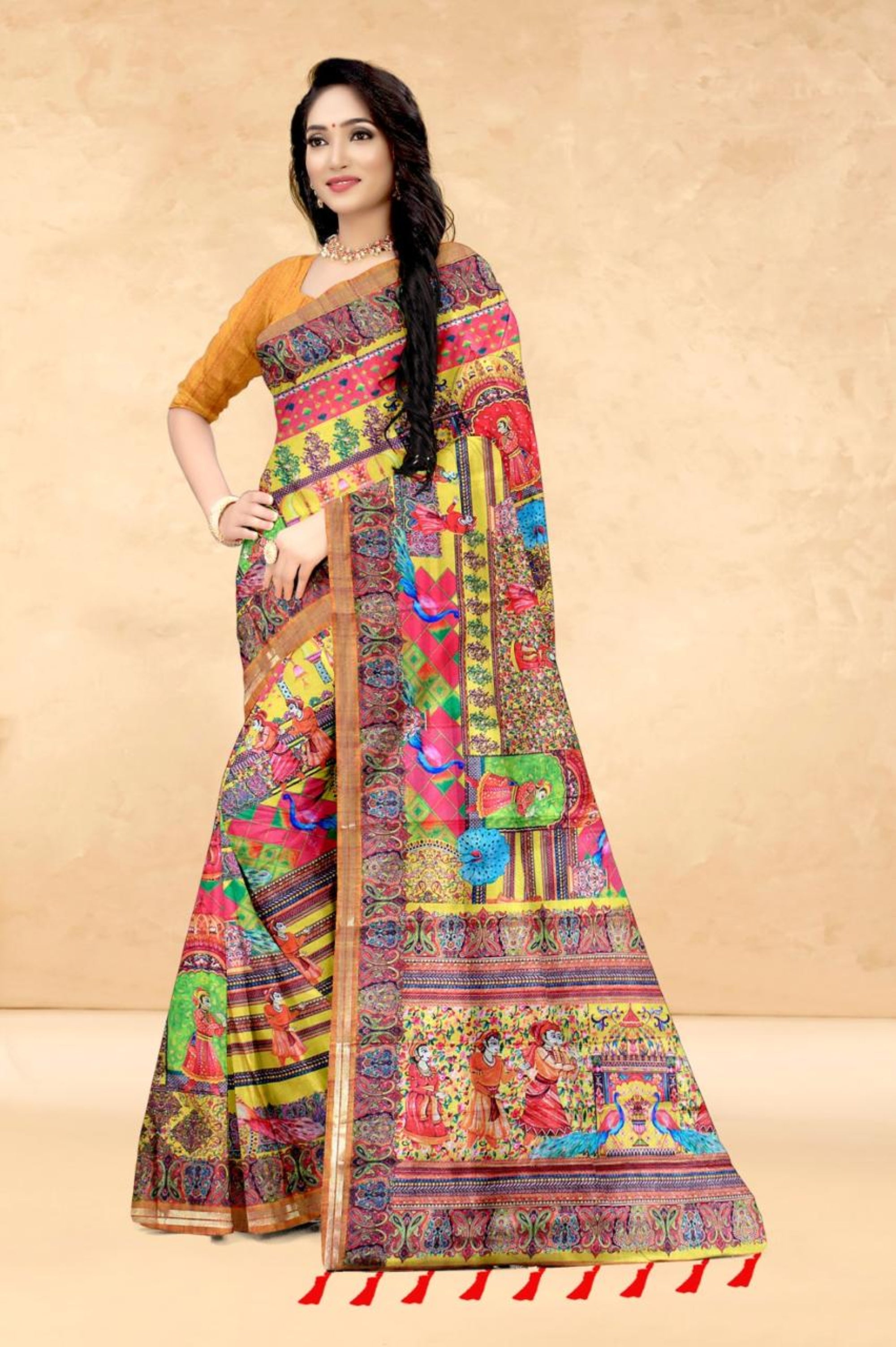 Mustard Soft Tussar Silk Saree with Position Pashmina Digital Prints