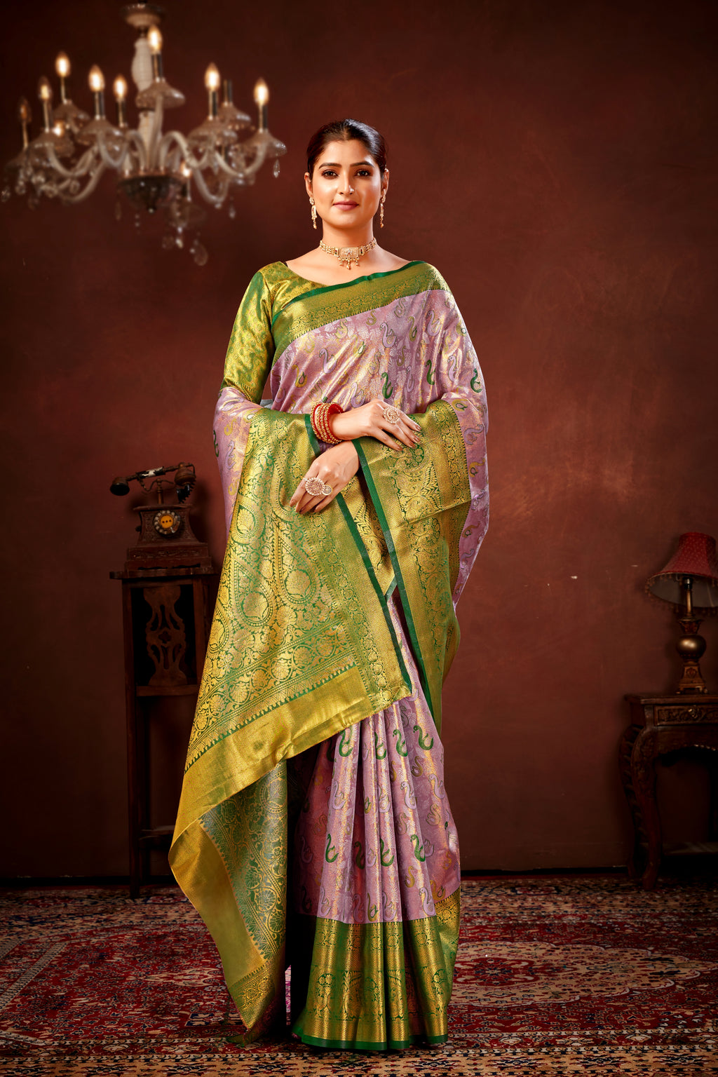 Onion Pure Dharamavaram Silk Saree with Meenakari Zari Weave & Contrast Rich Pallu