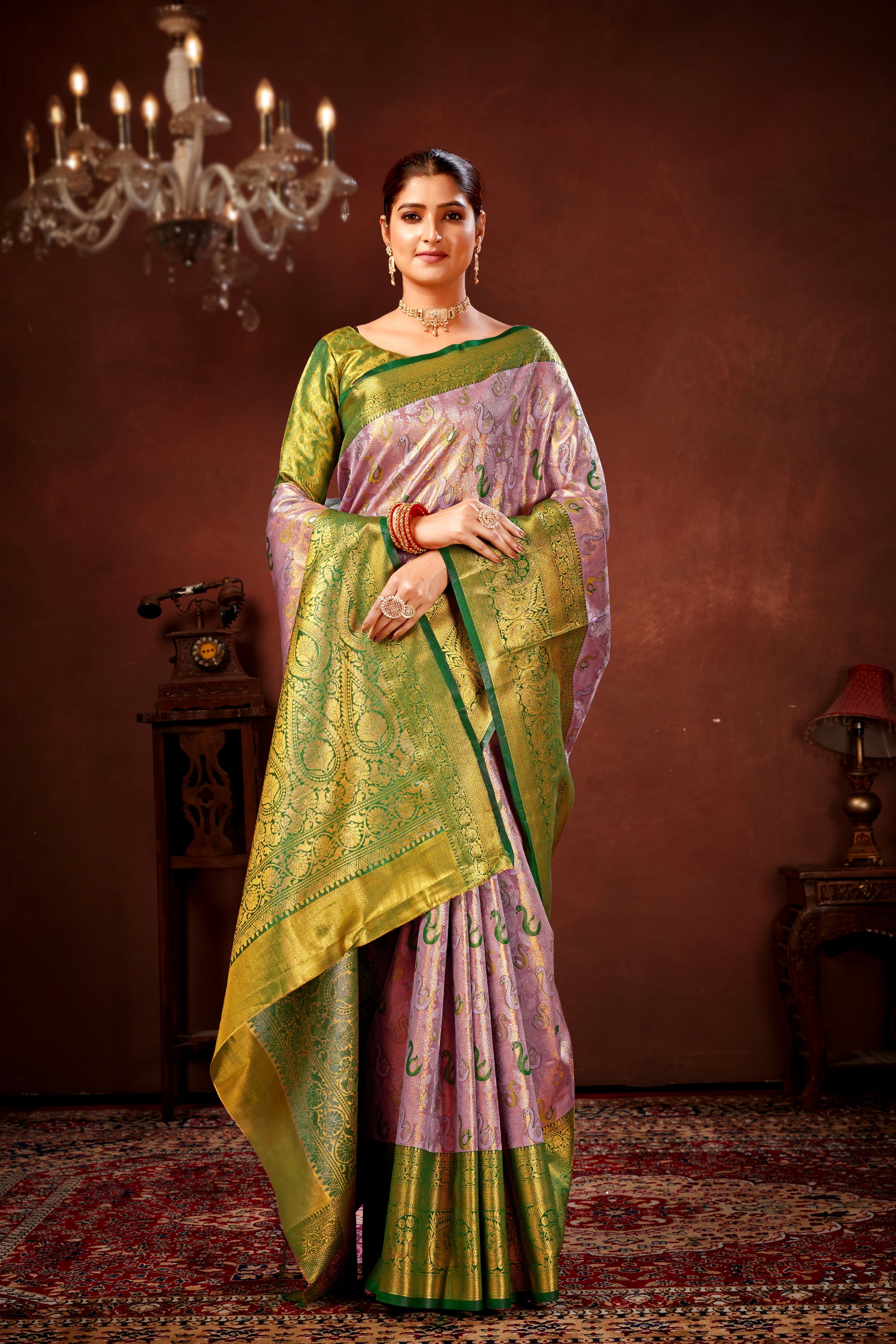 Onion Pure Dharamavaram Silk Saree with Meenakari Zari Weave & Contrast Rich Pallu