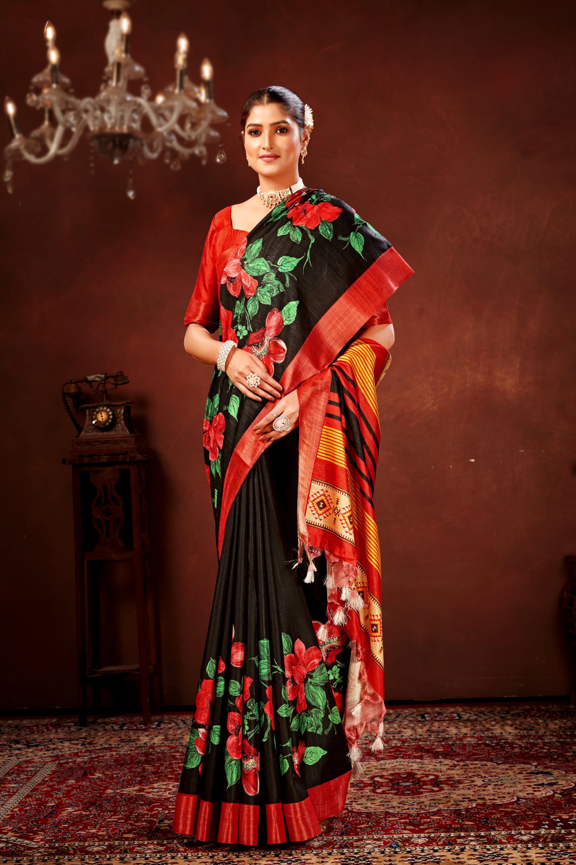 Red Soft Tussar Silk Saree with Floral Digital Prints