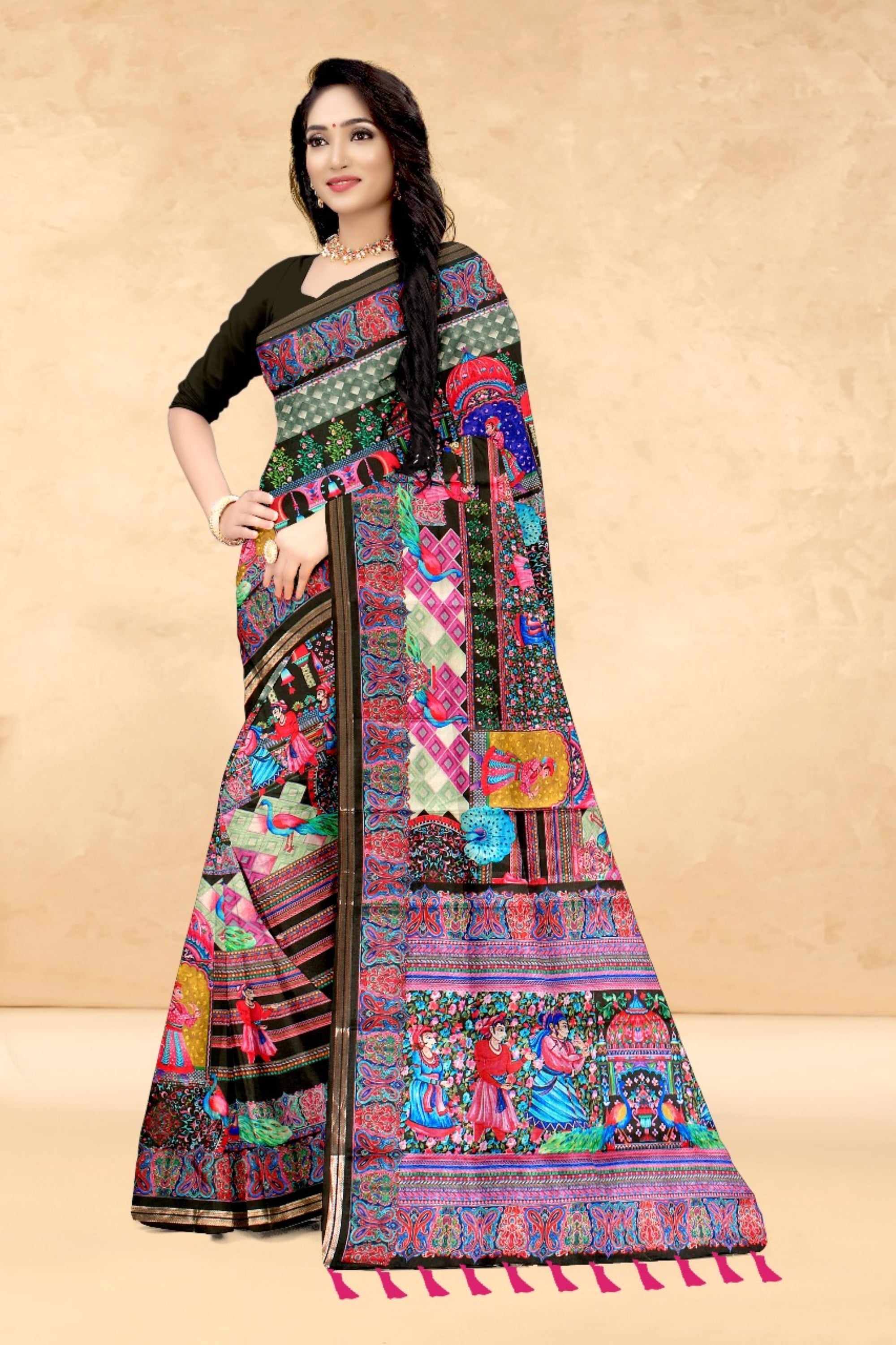 Black Soft Tussar Silk Saree with Position Pashmina Digital Prints