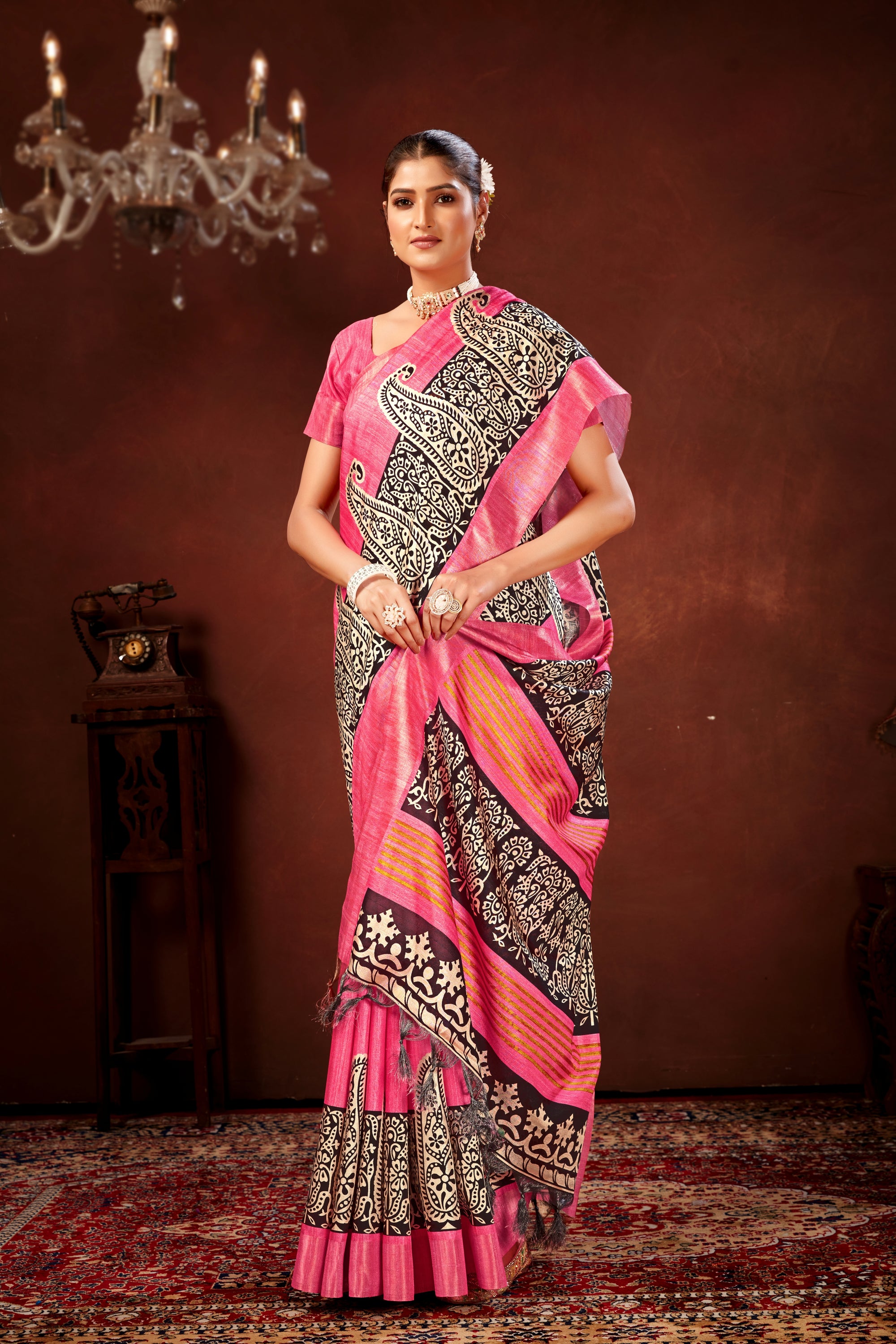 Pink Soft Tussar Silk Saree with Zari Border & Traditional Digital Prints
