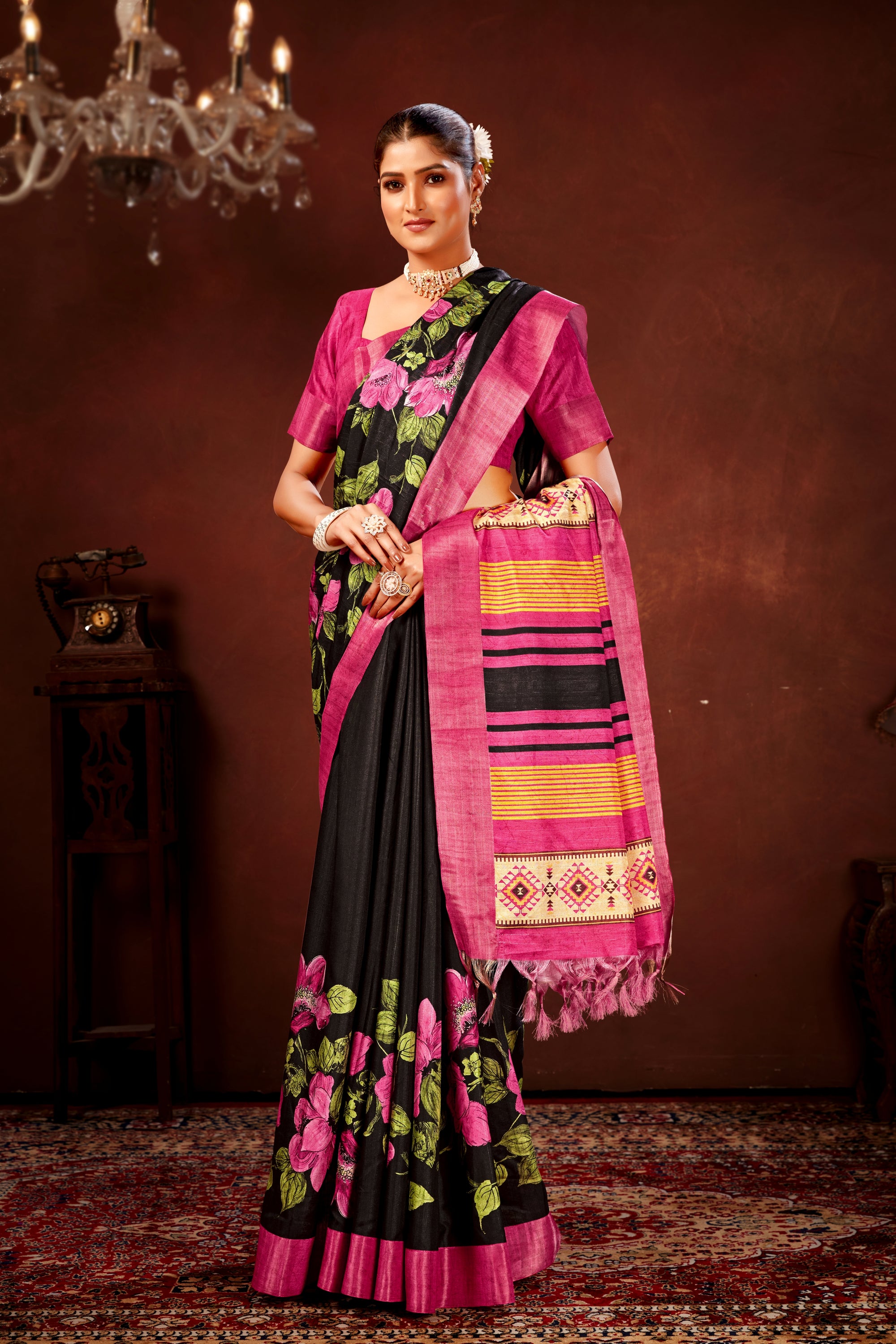 Pink Soft Tussar Silk Saree with Floral Digital Prints
