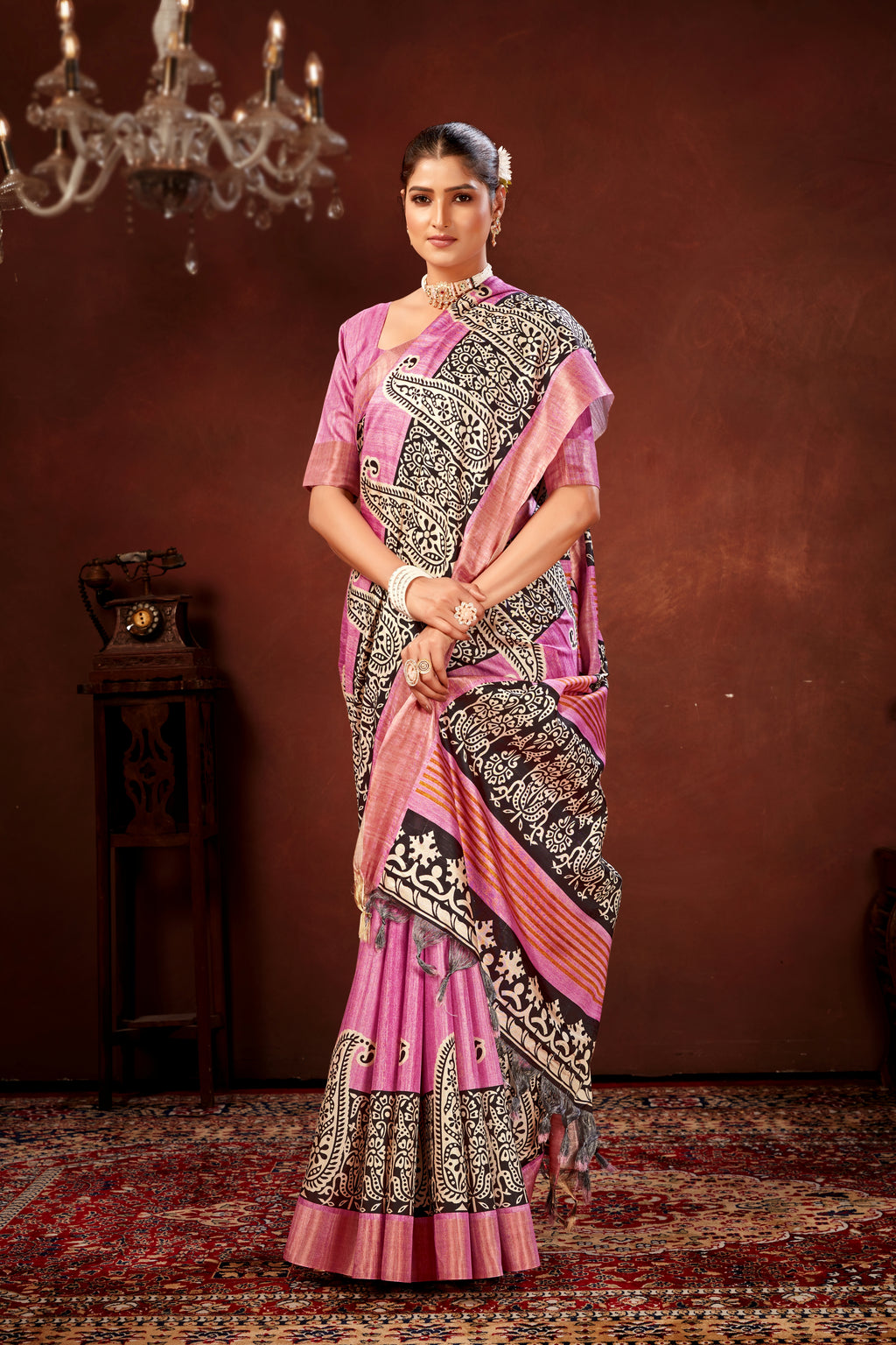 Onion Soft Tussar Silk Saree with Zari Border & Traditional Digital Prints