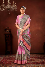 Onion Soft Tussar Silk Saree with Zari Border & Traditional Digital Prints