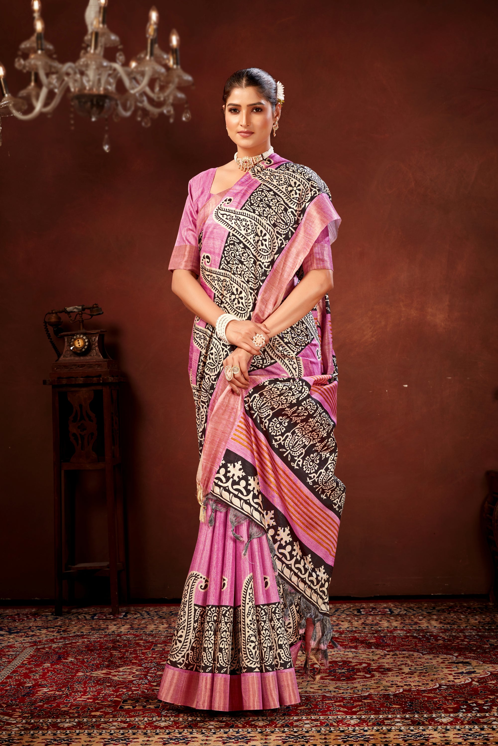 Onion Soft Tussar Silk Saree with Zari Border & Traditional Digital Prints
