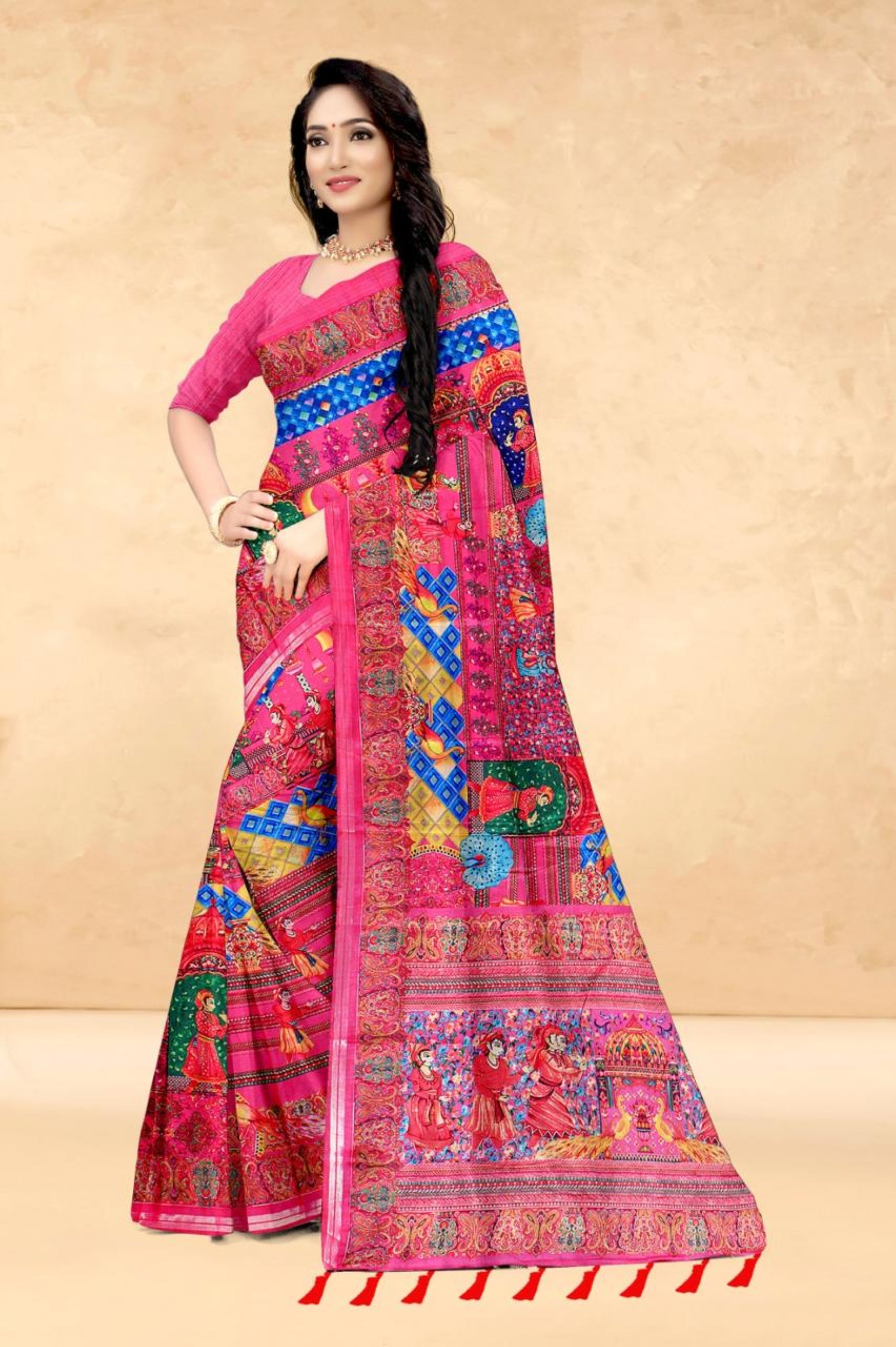 Hot Pink Soft Tussar Silk Saree with Position Pashmina Digital Prints