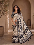 Kalava Art Silk Saree – Cream Black Heritage Animal Pen Kalamkari Digital Print