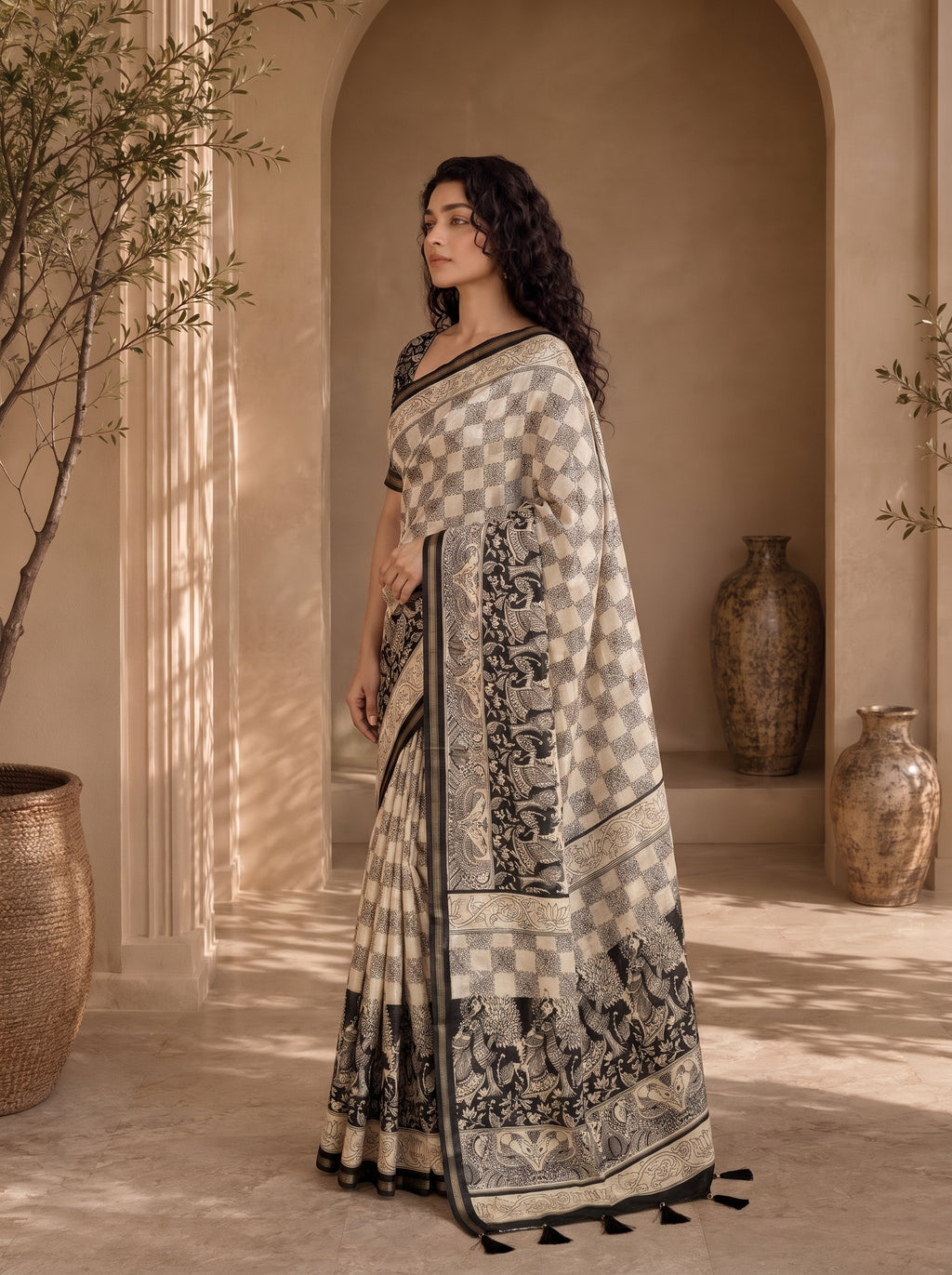 Kalava Art Silk Saree – Cream Black Pen Kalamkari Digital Print