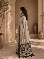 Kalava Art Silk Saree – Cream Black Peacock Pen Kalamkari Digital Print