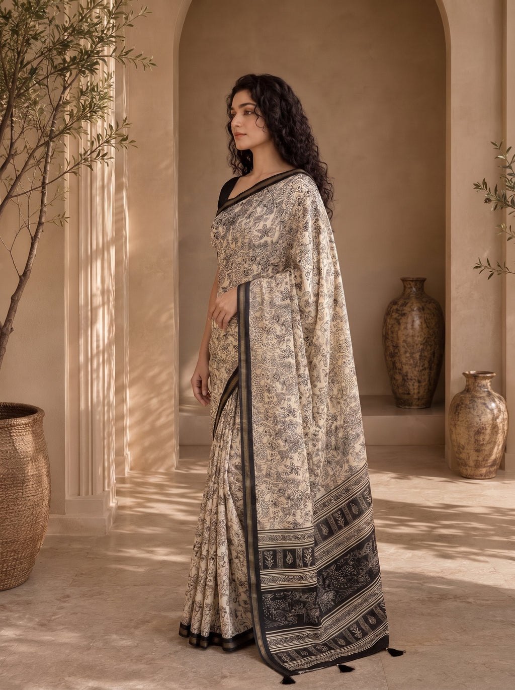 Kalava Art Silk Saree – Cream Black Heritage Forest Pen Kalamkari Digital Print