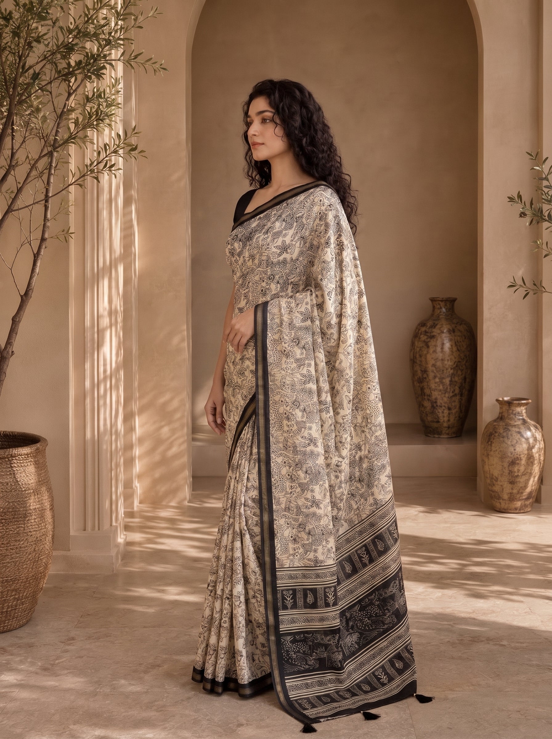 Kalava Art Silk Saree – Cream Black Heritage Forest Pen Kalamkari Digital Print