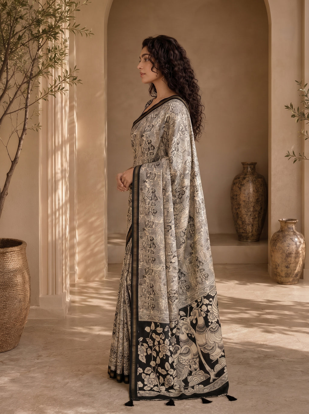 Kalava Art Silk Saree – Cream Black Heritage Peacock Pen Kalamkari Digital Print