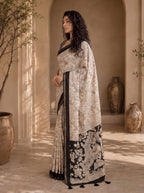 Kalava Art Silk Saree – Cream Black Floral Peacock Pen Kalamkari Digital Print