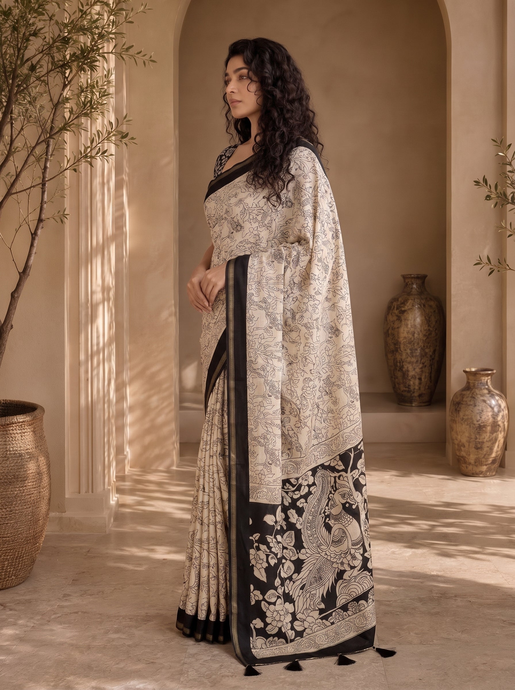 Kalava Art Silk Saree – Cream Black Floral Peacock Pen Kalamkari Digital Print