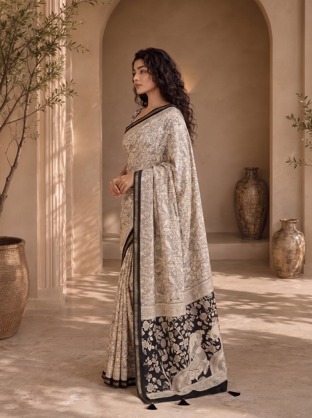 Kalava Art Silk Saree – Cream Black Bird Pen Kalamkari Digital Print
