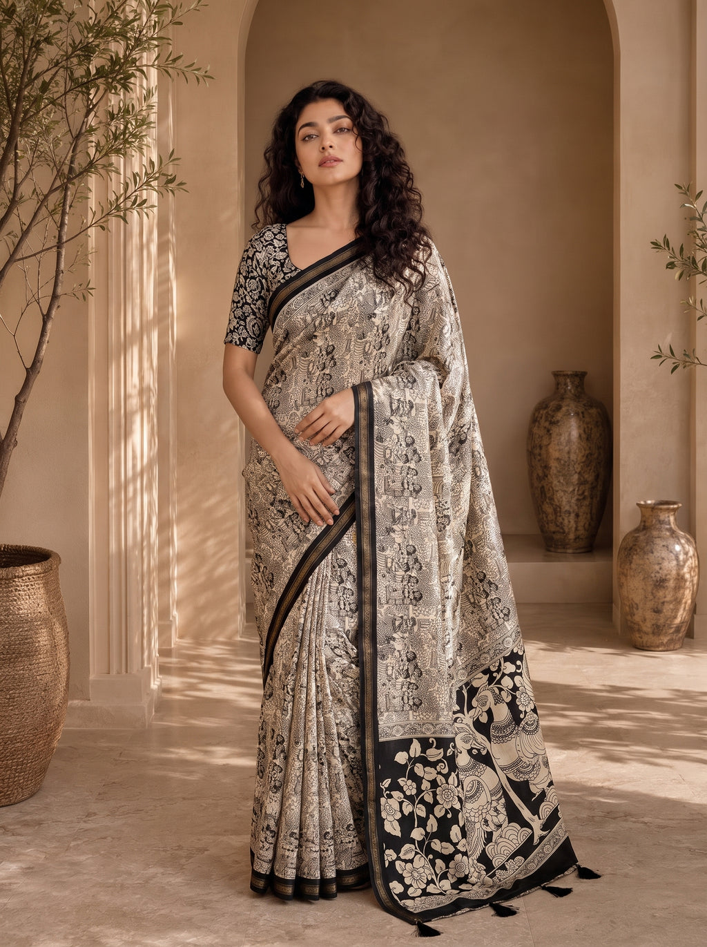 Kalava Art Silk Saree – Cream Black Heritage Peacock Pen Kalamkari Digital Print