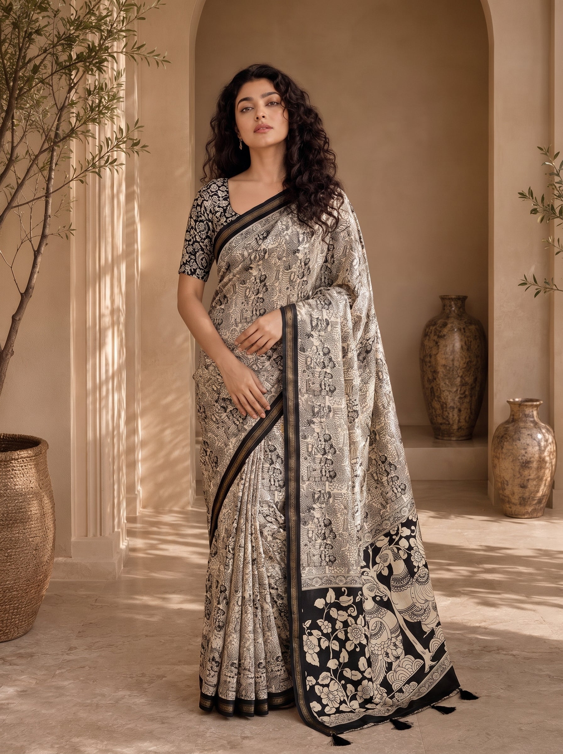 Kalava Art Silk Saree – Cream Black Heritage Peacock Pen Kalamkari Digital Print