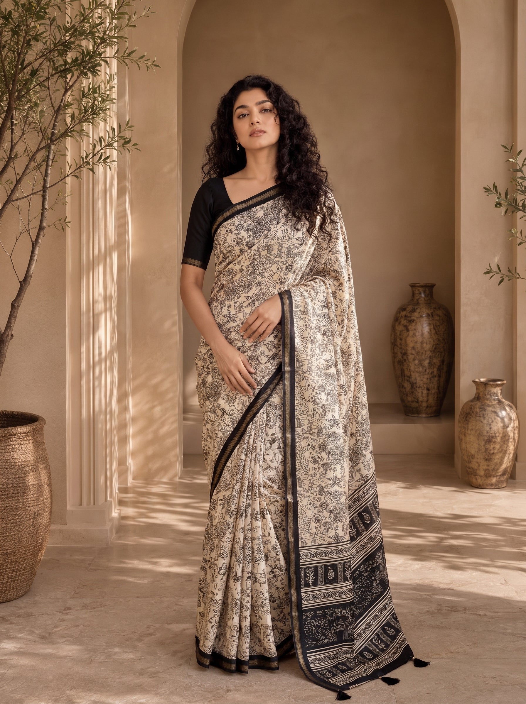 Kalava Art Silk Saree – Cream Black Heritage Forest Pen Kalamkari Digital Print