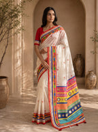Vaidehi Soft Chanderi Cotton Saree – White Red Traditional Folk Digital Print