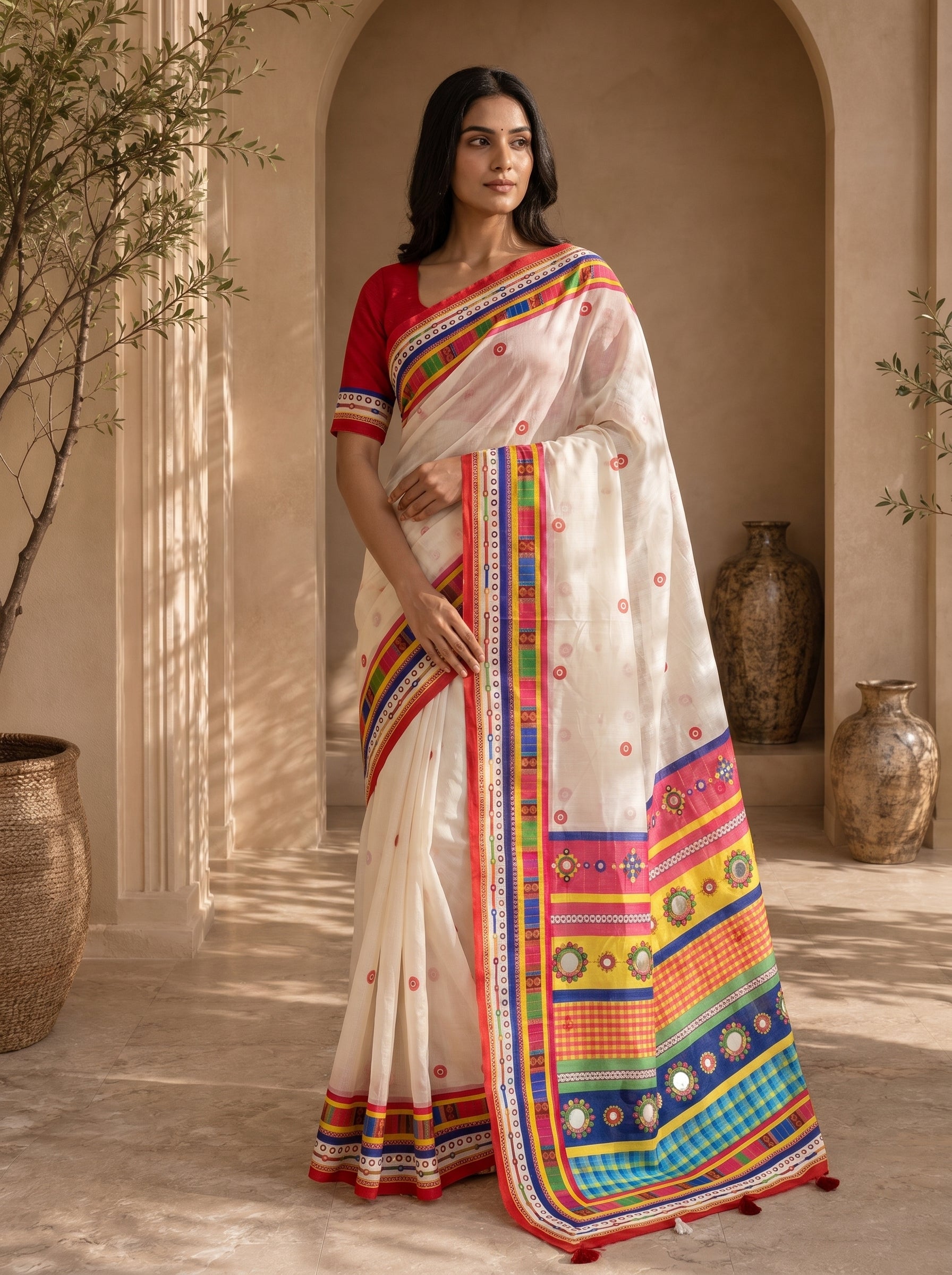 Vaidehi Soft Chanderi Cotton Saree – White Red Traditional Folk Digital Print