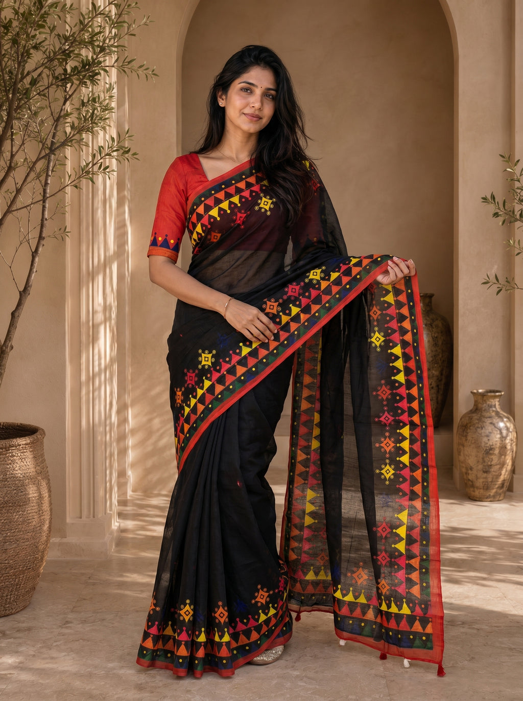 Vaidehi Soft Chanderi Cotton Saree – Black Multicolor Tribal Geometric Digital Print