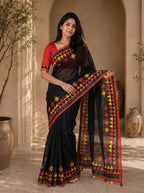 Vaidehi Soft Chanderi Cotton Saree – Black Multicolor Tribal Geometric Digital Print