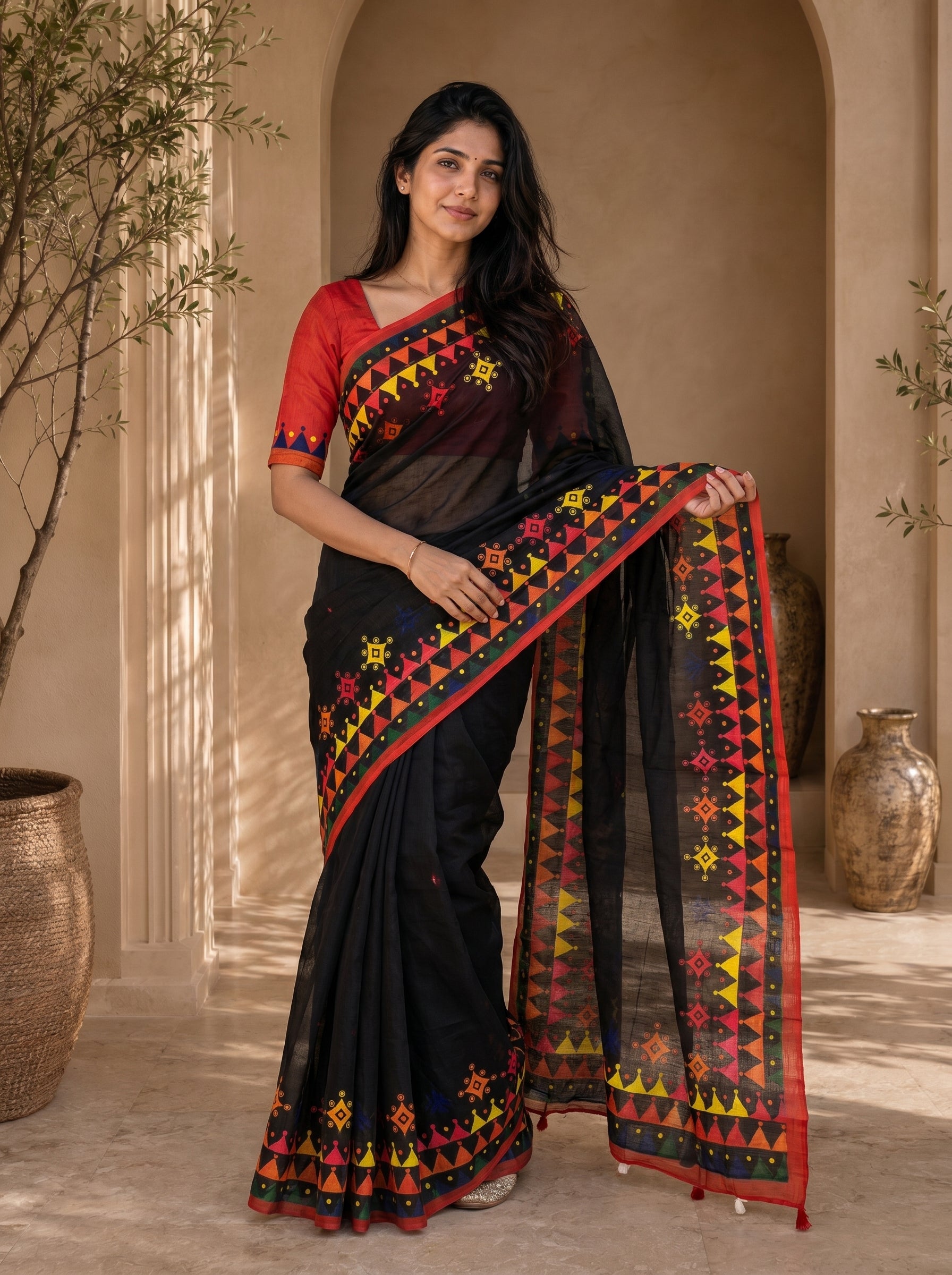 Vaidehi Soft Chanderi Cotton Saree – Black Multicolor Tribal Geometric Digital Print