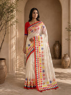 Vaidehi Soft Chanderi Cotton Saree – White Multicolor Tribal Geometric Digital Print