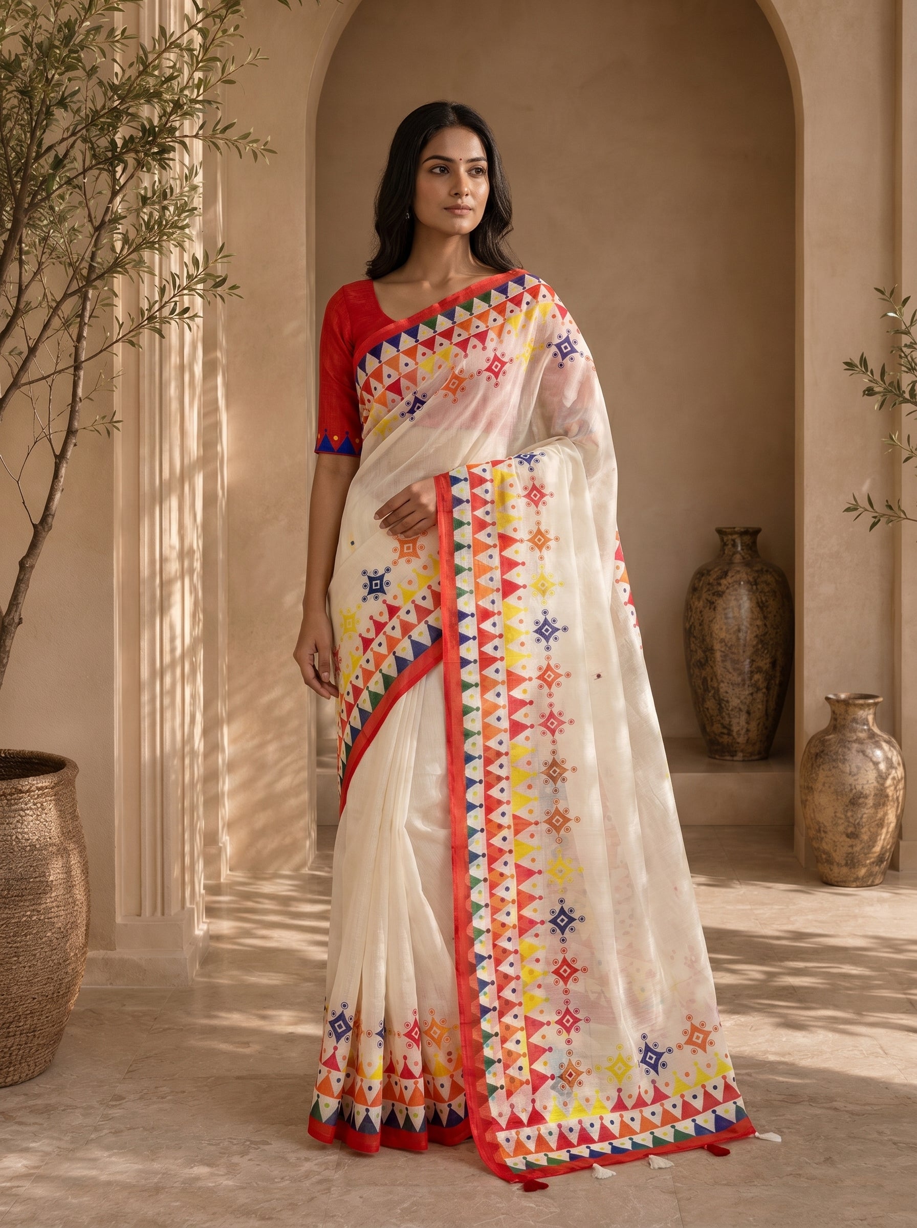 Vaidehi Soft Chanderi Cotton Saree – White Multicolor Tribal Geometric Digital Print