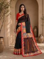 Vaidehi Soft Chanderi Cotton Saree – Black Multicolor Tribal Geometric Digital Print