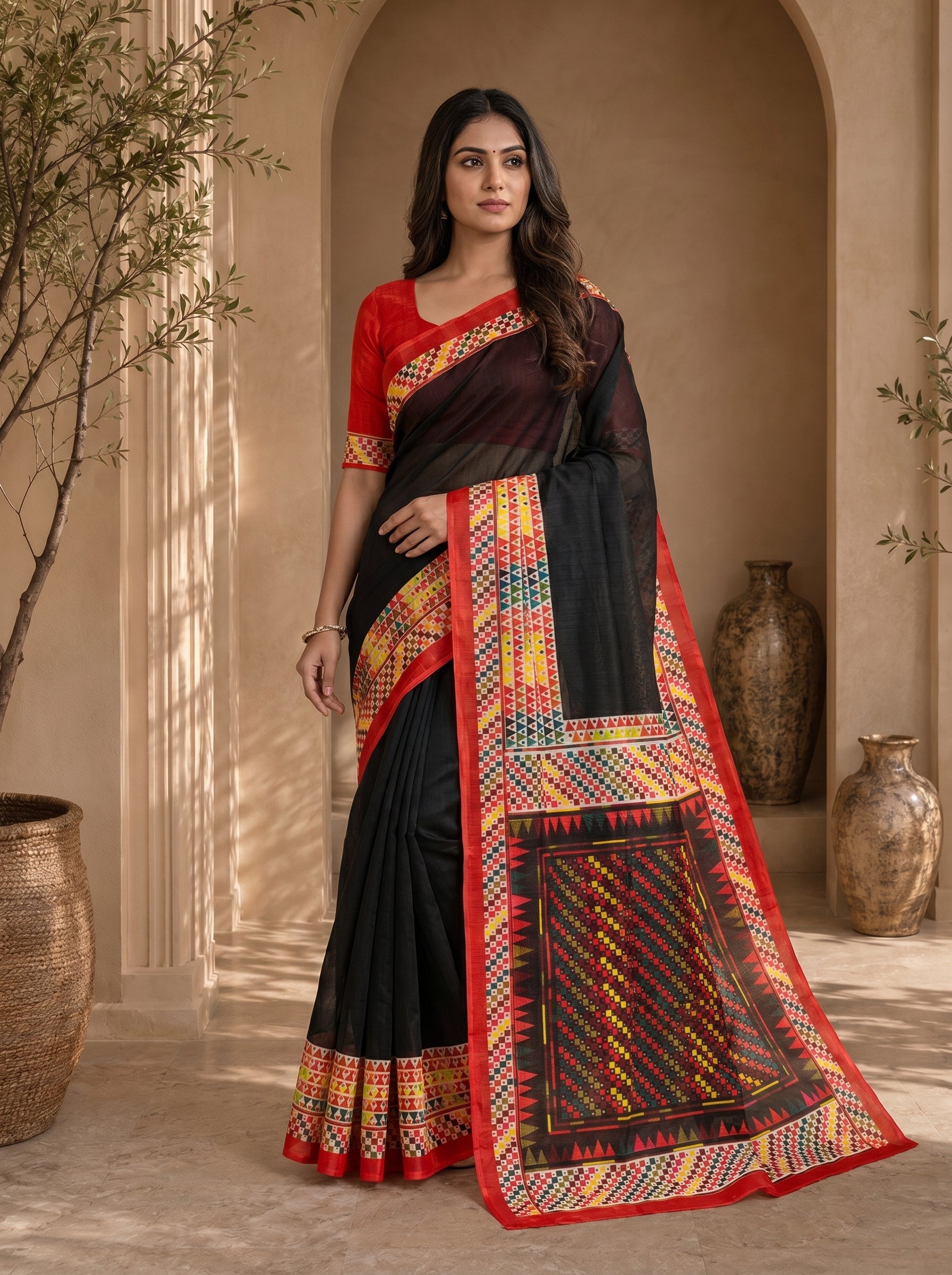 Vaidehi Soft Chanderi Cotton Saree – Black Multicolor Tribal Geometric Digital Print